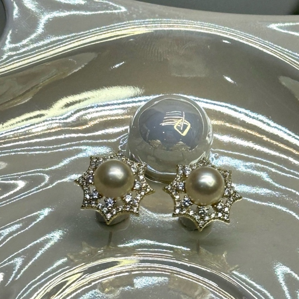Premium 7mm Akoya Sea Pearl Earrings • Art Deco Web Design • 18K Gold over S925 - Picture 8 of 11
